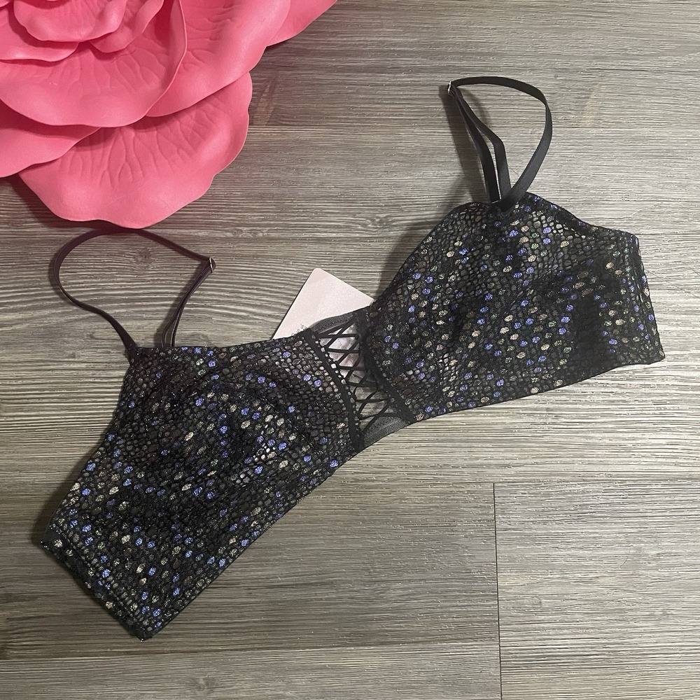 SAVAGE X FENTY XL Disco Lace Up Black Metallic Bralette‎ Sheer Whimsigoth Grunge